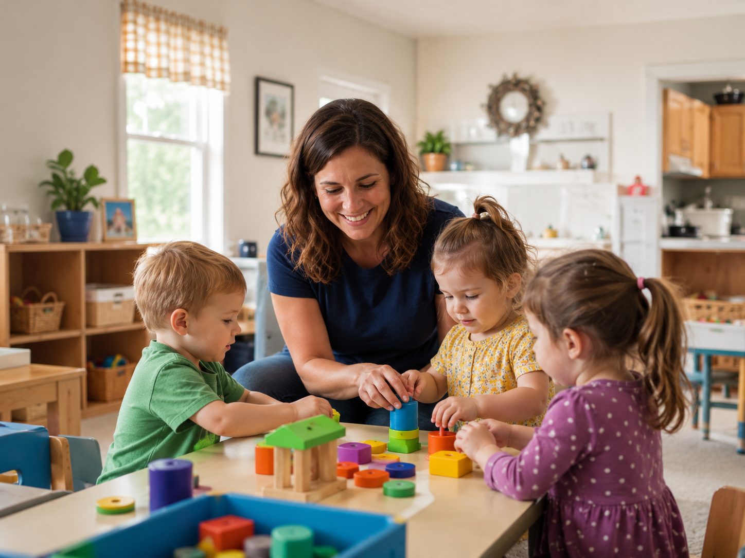 A provider engaging with children at a home-based care play table.