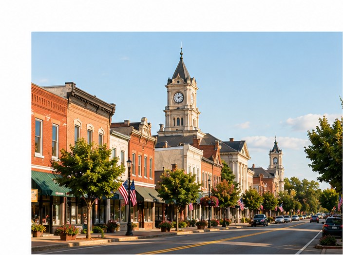 A classic American Main Street with historic clock tower.